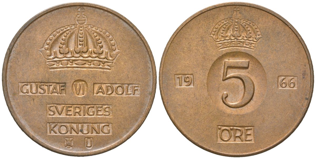 Швеция 5 эре 1966 U, Густав VI Адольф (1950-1973) KM 822 бронза 4119-413