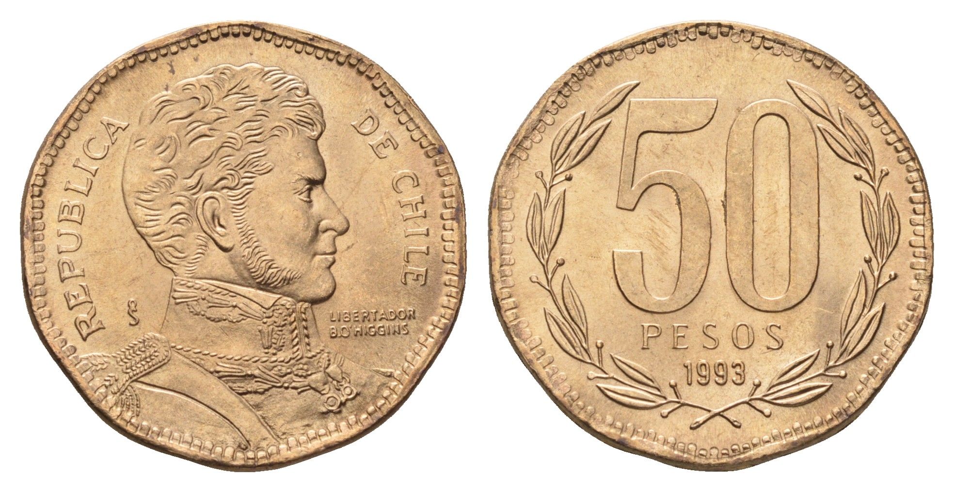 Чили 50 песо 1993 KM 219 алюминиевая бронза UNC 4691-1257