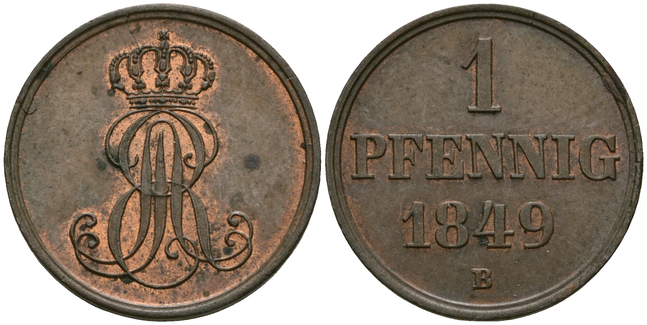 Ганновер 1 пфенниг 1849 B, Эрнст Август (1837-1851) KM 201.1, AKS 129, J. 74 медь 4608-1046