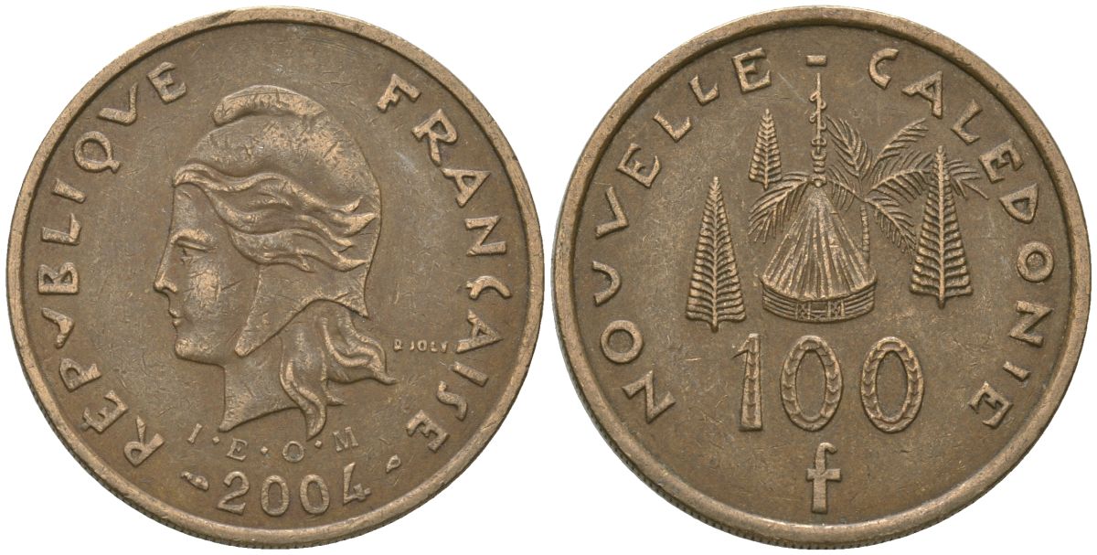 Французская Новая Каледония 100 франков 2004 хижина среди сосен и пальм, (IEOM) KM 15, Schoen 16, Lec 139h никель бронза 111-145