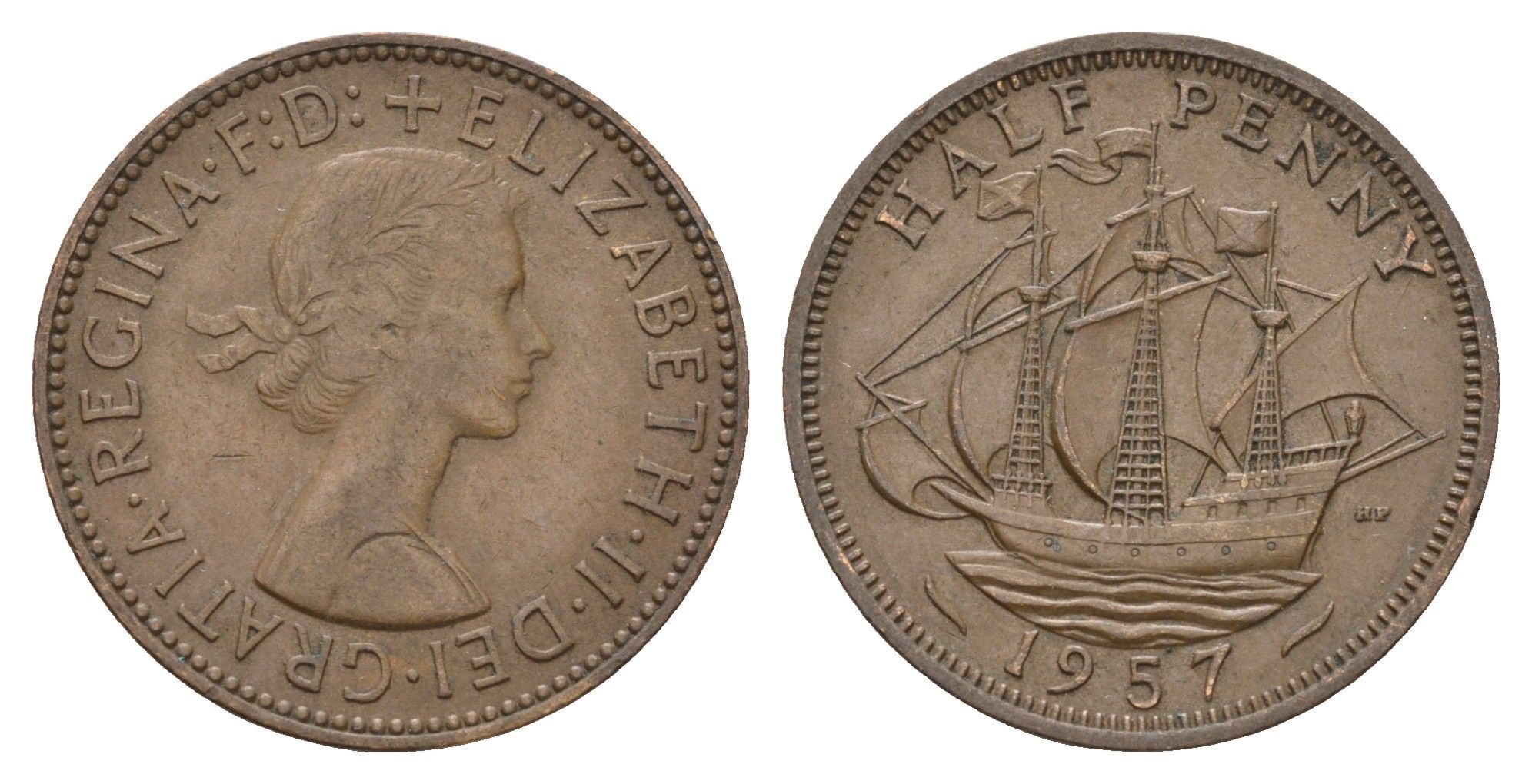 Великобритания 1/2 пенни 1957 Елизавета II (1952-2022) KM 896, Spink 4158 бронза 4675-427