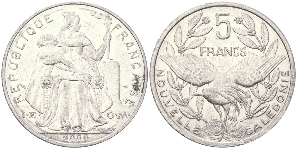 Французская Новая Каледония 5 франков 2009 птица кагу, (IEOM) KM 16, Schoen 12, Lec 81k алюминий 4111-342
