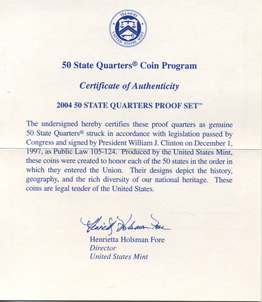 США официальный набор из 5 монет 2004 S, набор из 5 квотеров, штаты США, пластик, в оригинальной коробке с сертификатом PROOF 00-00