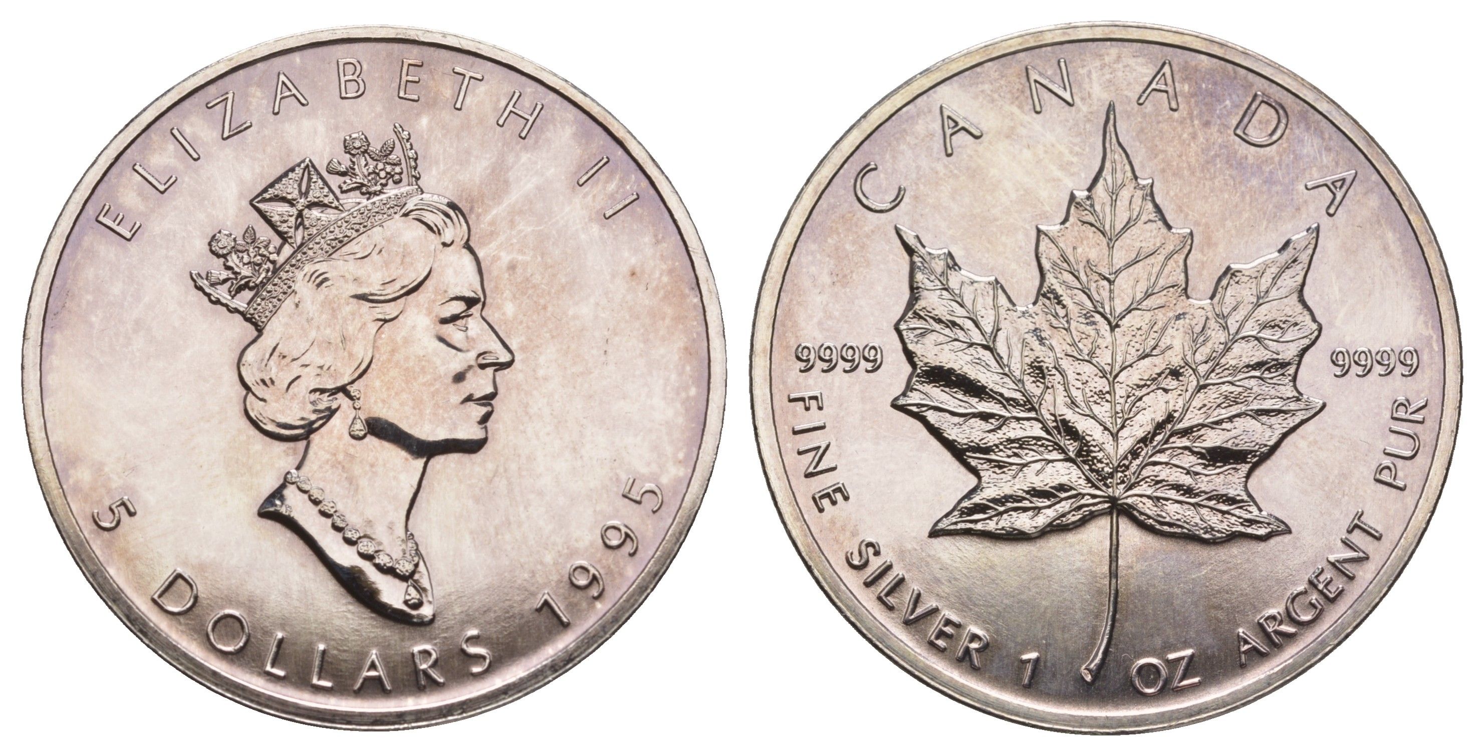 Канада 5 долларов 1995 Кленовый лист, Елизавета II KM 187 серебро BU 413-4525