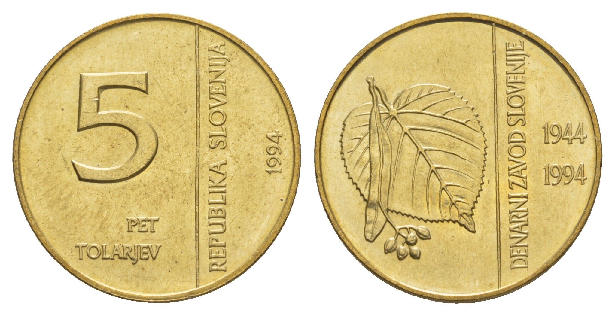 Словения 5 толаров 1994 50 лет банку Словении KM 15 латунь UNC 4660-136