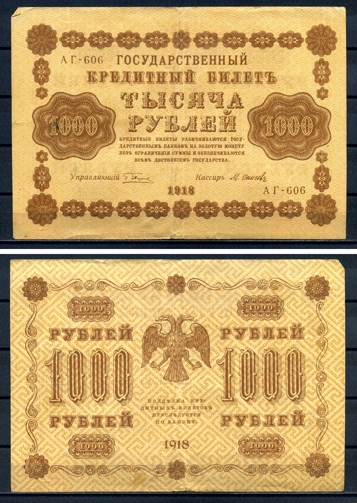РСФСР 1000 рублей 1918 Государственный кредитный билет, серия АГ-606 Pick 95 (9), Горянов 2.1.10 бумага 7219-1-1-2