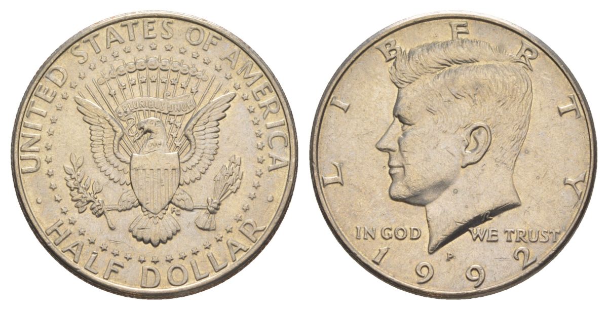 США 1/2 доллара (50 центов) 1992 P, Джон Кеннеди KM A202b медь плакированная медно-никелем aUNC 4517-721