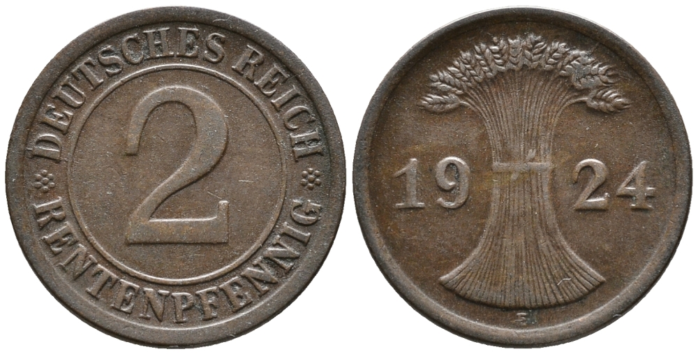 ГЕРМАНИЯ 2 РЕНТЕНПФЕННИГА 1924 E KM 31, J. 307 бронза 24-536