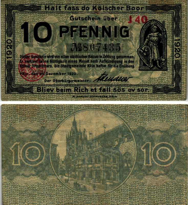 КЁЛЬН 10 ПФЕННИГОВ 1920 31 ДЕКАБРЯ 1920, НОТГЕЛЬД, СЕВЕРНЫЙ РЕЙН-ВЕСТФАЛИЯ, СЕРИЯ J 40 Keller К30.15а бумага 6318-27-3-2