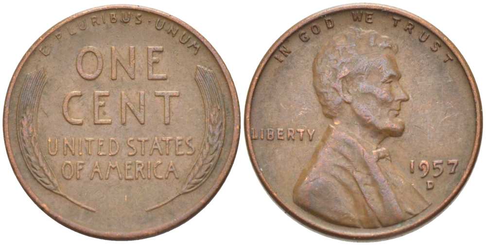 США 1 ЦЕНТ 1957 D, ЛИНКОЛЬН KM А132 медь цинк 218-714