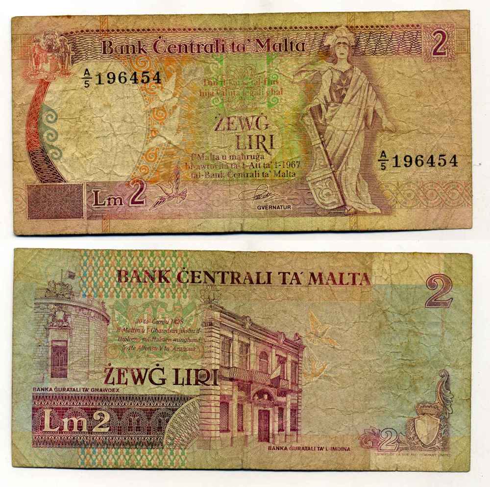 МАЛЬТА 2 ЛИРЫ 1967 (1994) ПОДПИСЬ GALDES Pick 45a бумага 8589-40-3-1