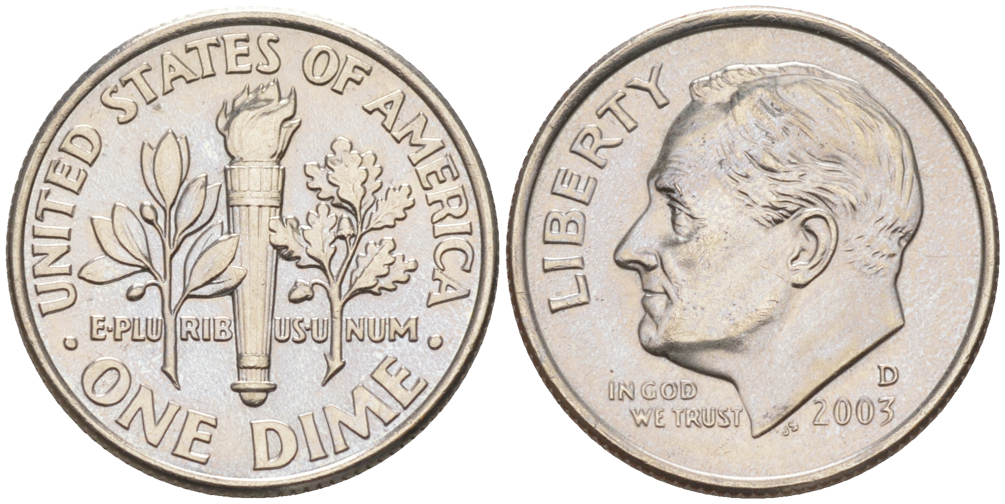 США 10 ЦЕНТОВ = 1 ДАЙМ 2003 D, РУЗВЕЛЬТ KM 195a медь плакированная медно-никелем 188-739