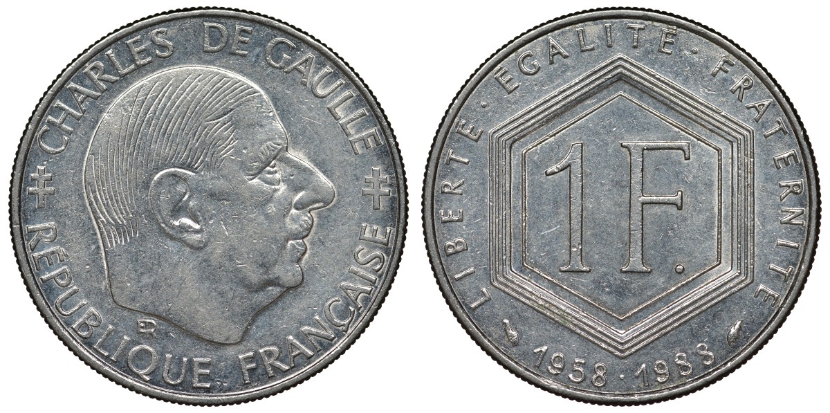 Франция 1 франк 1988 Шарль де Голль KM 963, Le Franc 227.2 никель 4128-356