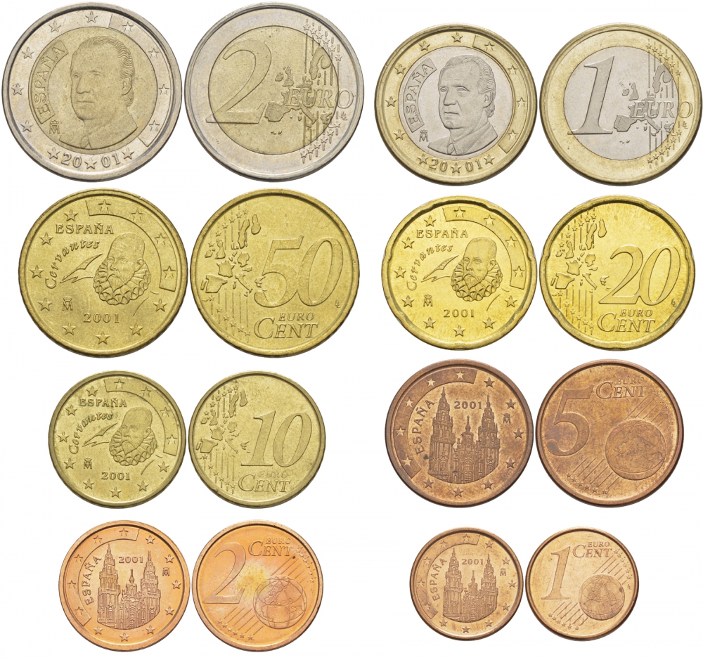 Испания полный евронабор из 8 монет 2001 1, 2, 5, 10, 20, 50 евроцентов, 1 и 2 евро KM 1040, 1041, 1042, 1070, 1071, 1072, 1073, 1074 N6-03
