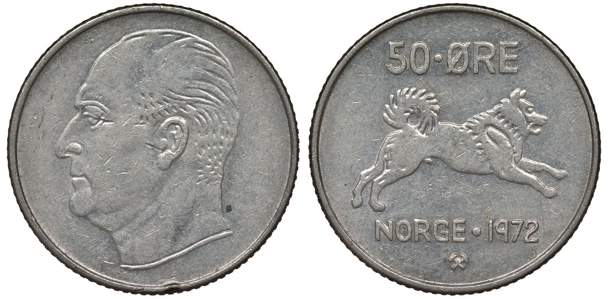 Норвегия 50 эре 1972 Улаф V (1957-1991), собака KM 408 медно-никель 4128-1136