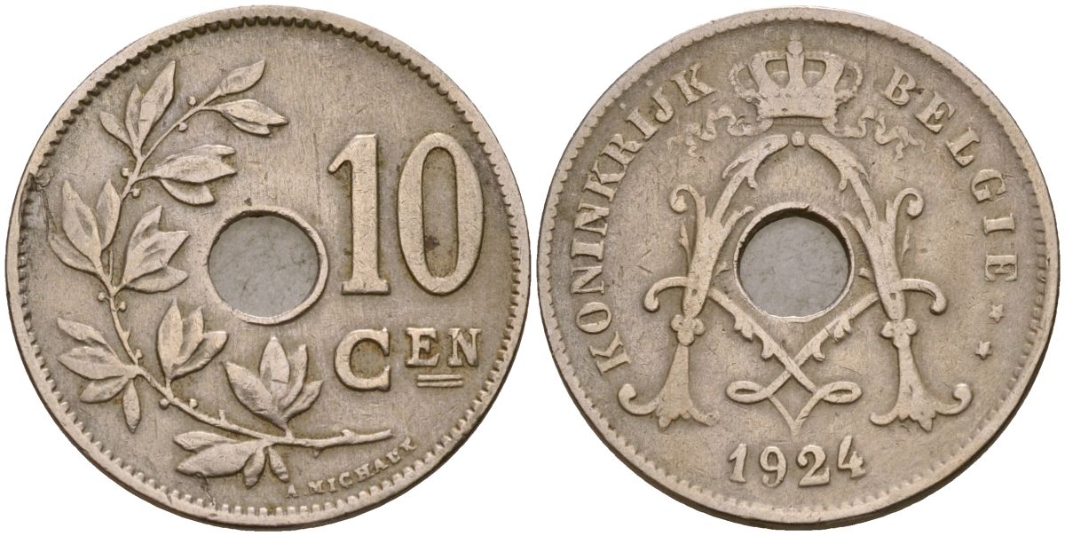 Бельгия 10 сантимов 1924 Король Альберт I (1910 - 1934) KM 86 медно-никель 190-622