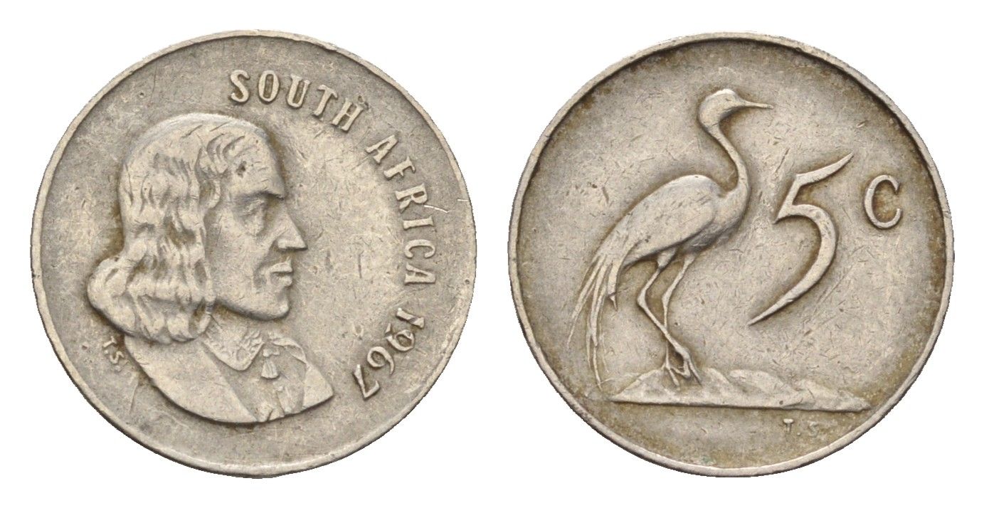 ЮАР 5 центов 1967 Ян ван Рибек (1619-1677), South Africa, легенда на англинском, райский журавль KM 67.1 медно-никель 4643-119