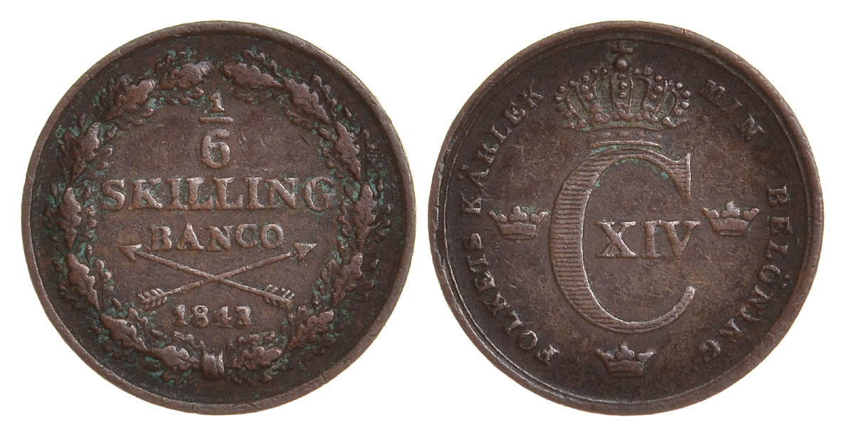 Швеция 1/6 скиллинга 1843 Карл XIV Юхан (1818-1844) KM 639 медь 633-111