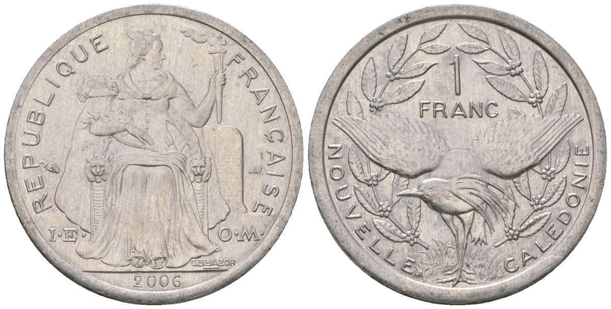 Французская Новая Каледония 1 франк 2006 птица кагу, (IEOM) KM 10, Schoen 10, Lec 52k алюминий 51-315