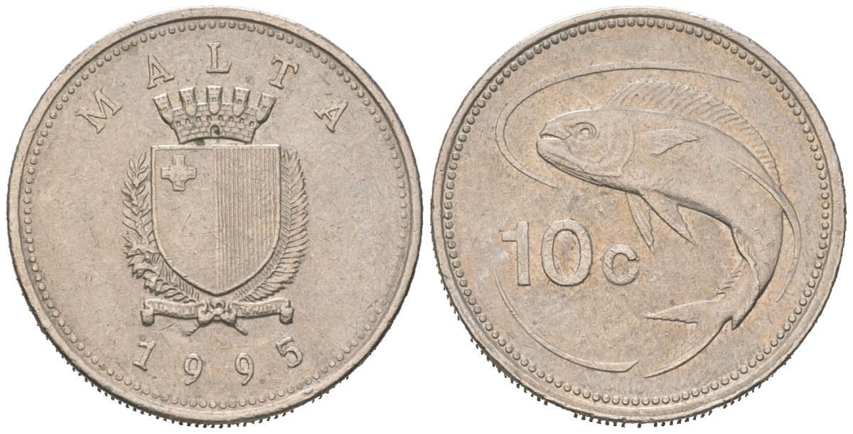 Мальта 10 центов 1995 золотая макрель KM 96 медно-никель 192-1245