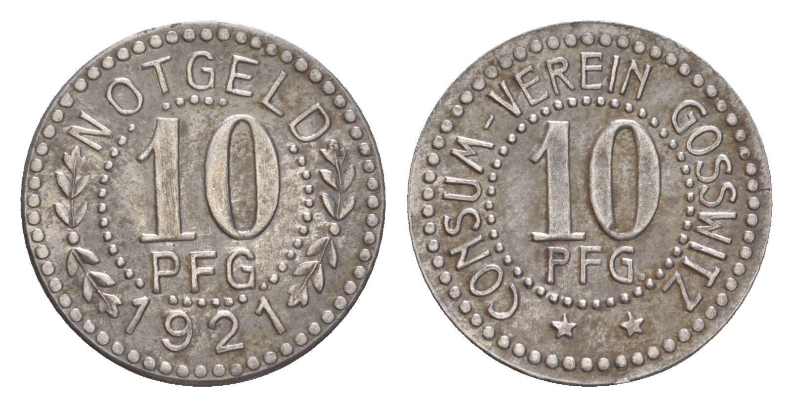 Госсвиц 10 пфеннигов 1921 Ассоциация потребителей Men05 9342.2, Men18 11704.2 железо 4636-934