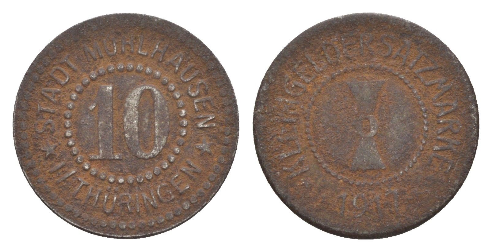 Мюльхаузен в Тюрингии 10 пфеннигов 1917 Funck 342.9, Men05 17089.15, Men18 21432.15 железо 4164-146