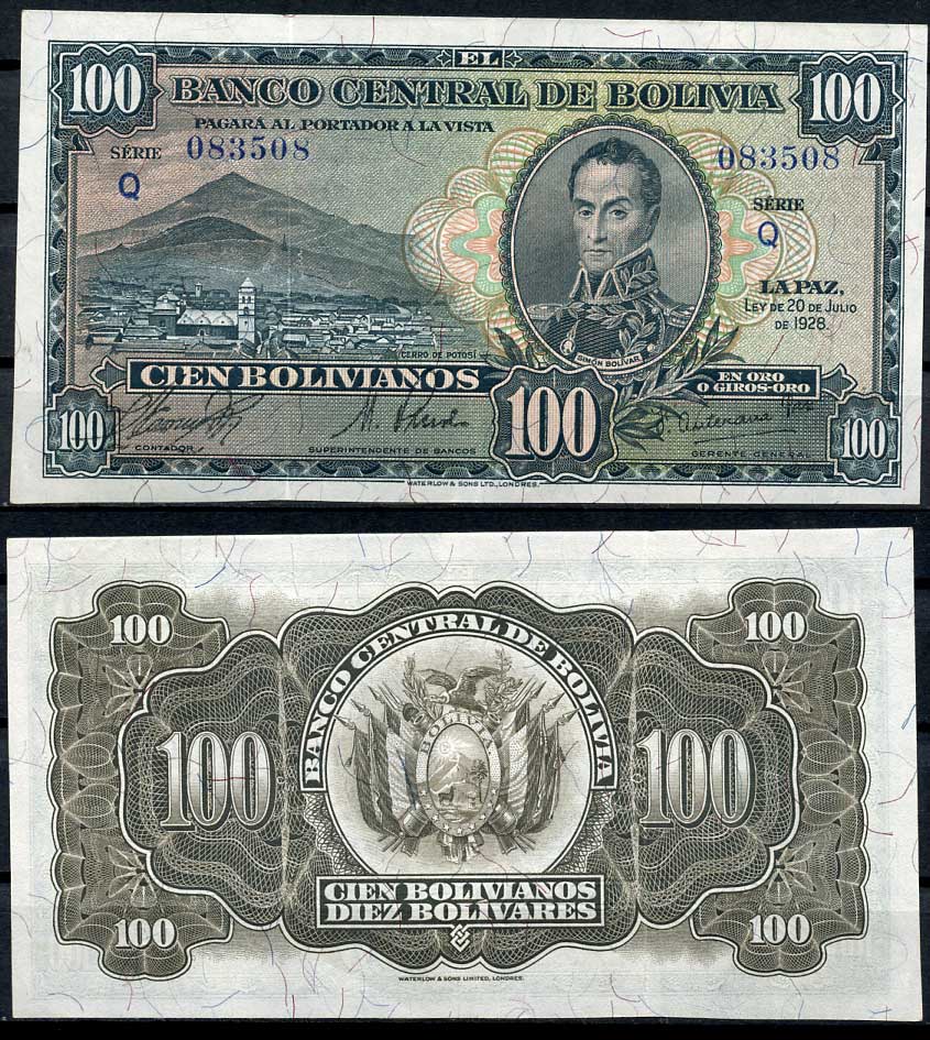 Боливия 100 боливиано 1928 серия Q, Симон Боливар Pick 133 (3)  бумага  000-00-00