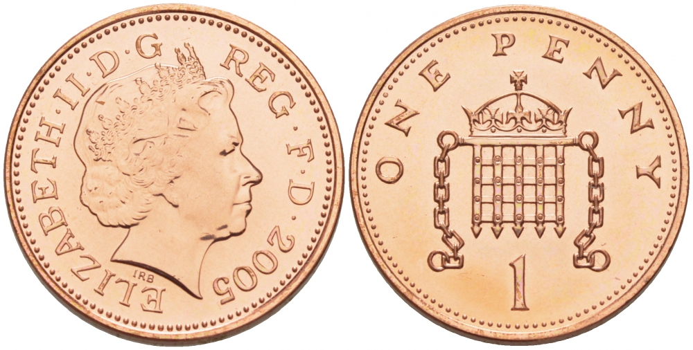 Великобритания 1 пенни 2005 Елизавета II (1952-2022) KM 986, Spink 4710 (B5) сталь плакированная медью UNC 201-269