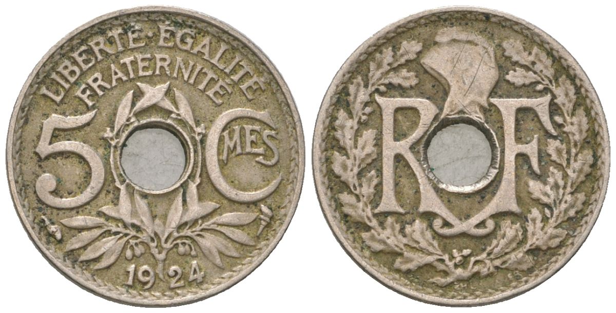 Франция 5 сантимов 1924 KM 875, Le Franc 122/8 медно-никель 4164-1135