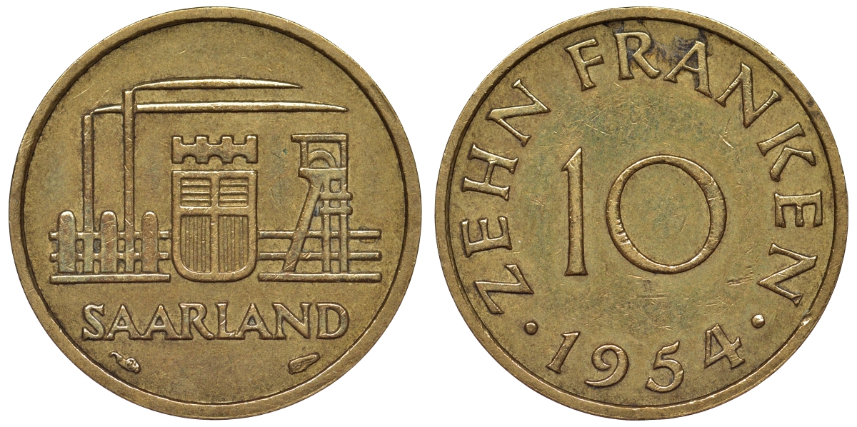 Саарланд 10 франков 1954 индустрия KM 1 алюминиевая бронза 4119-855