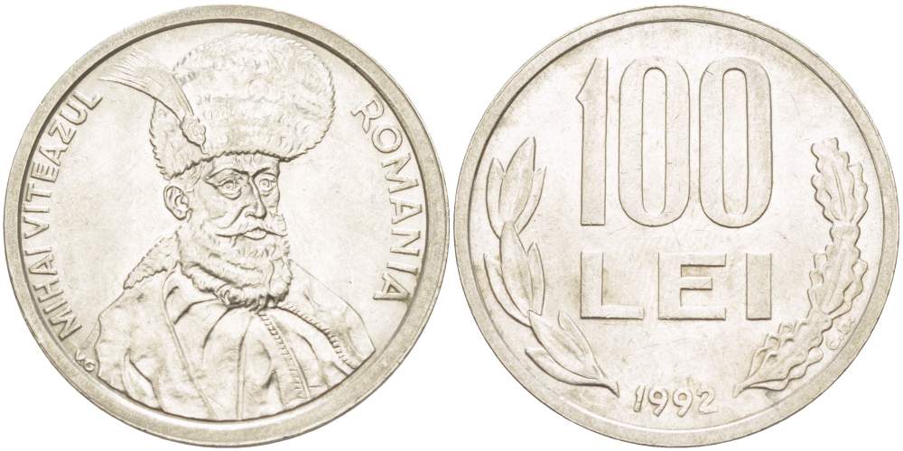 Румыния 100 леев 1992 Михай Храбрый (1558-1601) KM 111 сталь плакированная никелем 4184-1125