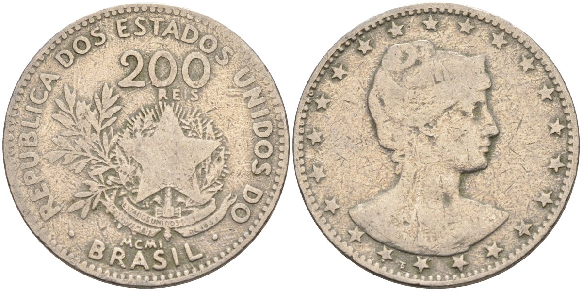 Бразилия 200 рейс 1901 голова свободы вправо KM 504 медно-никель 4589-1055
