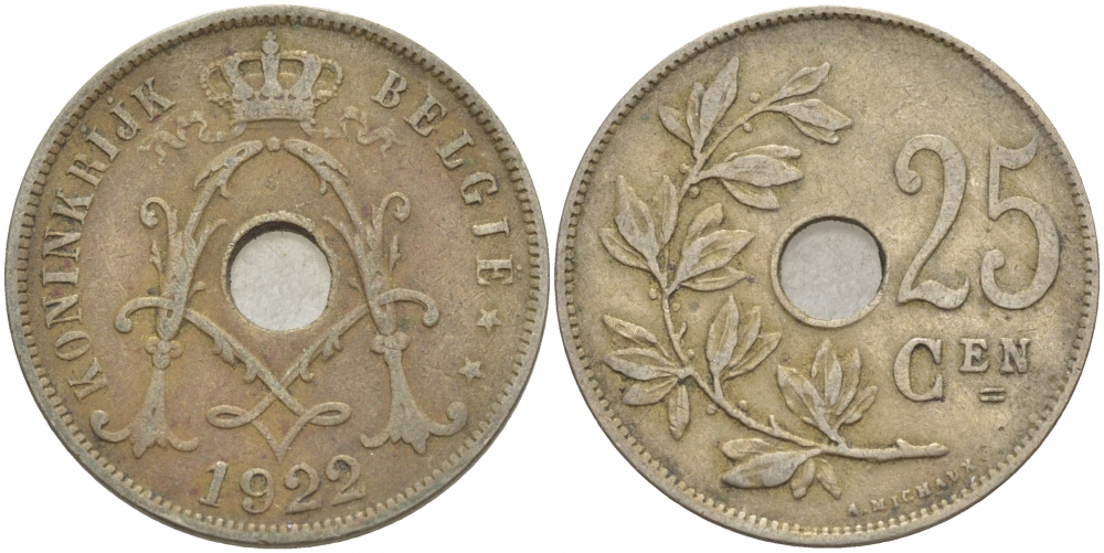 БЕЛЬГИЯ 25 САНТИМОВ 1922 BELGIE KM 69 медно-никель 4529-1125