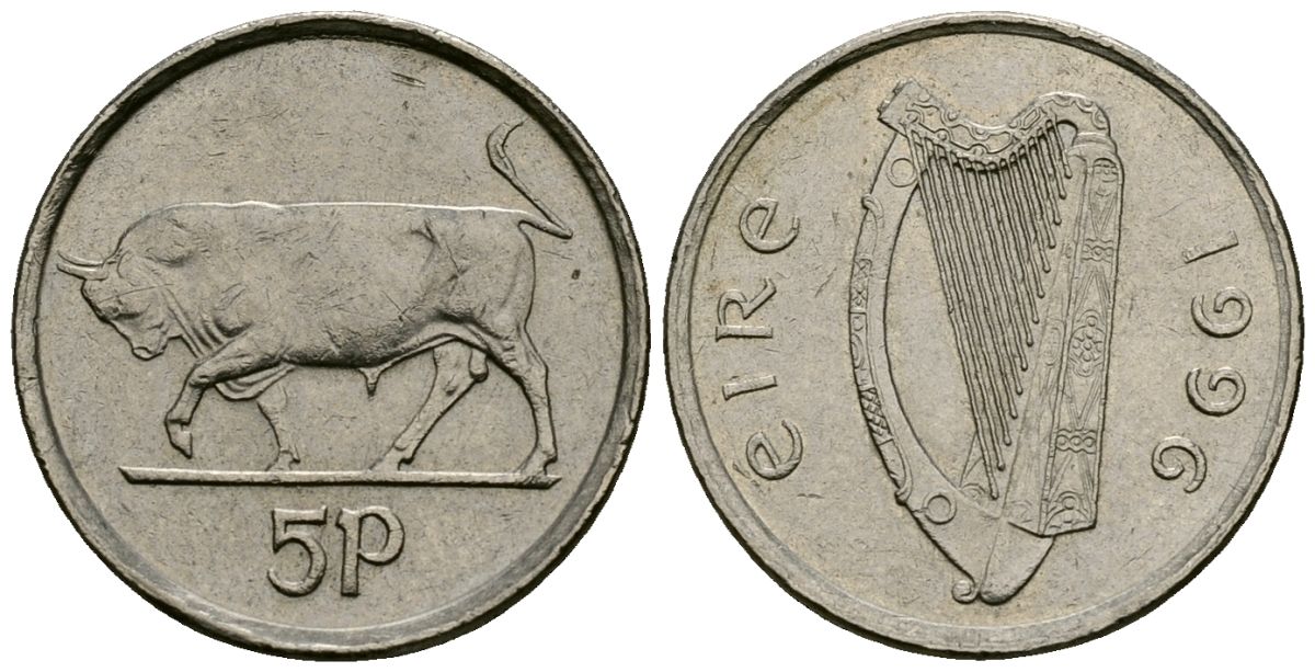 Ирландия 5 пенсов 1996 бык KM 28 медно-никель 4136-926
