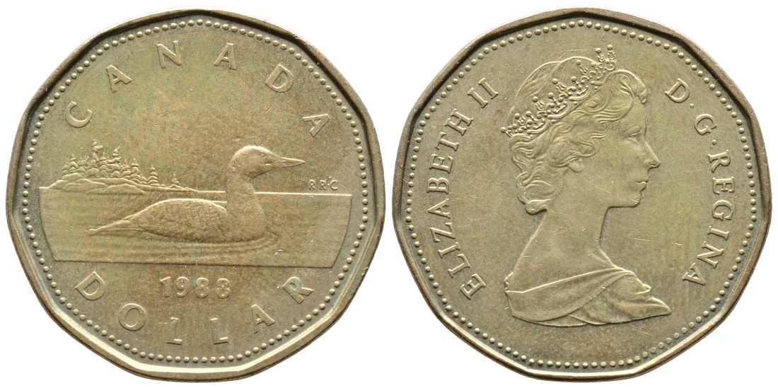 КАНАДА 1 ДОЛЛАР 1988 УТКА KM 157 никель плакированный позолоченной бронзой 4364-1325