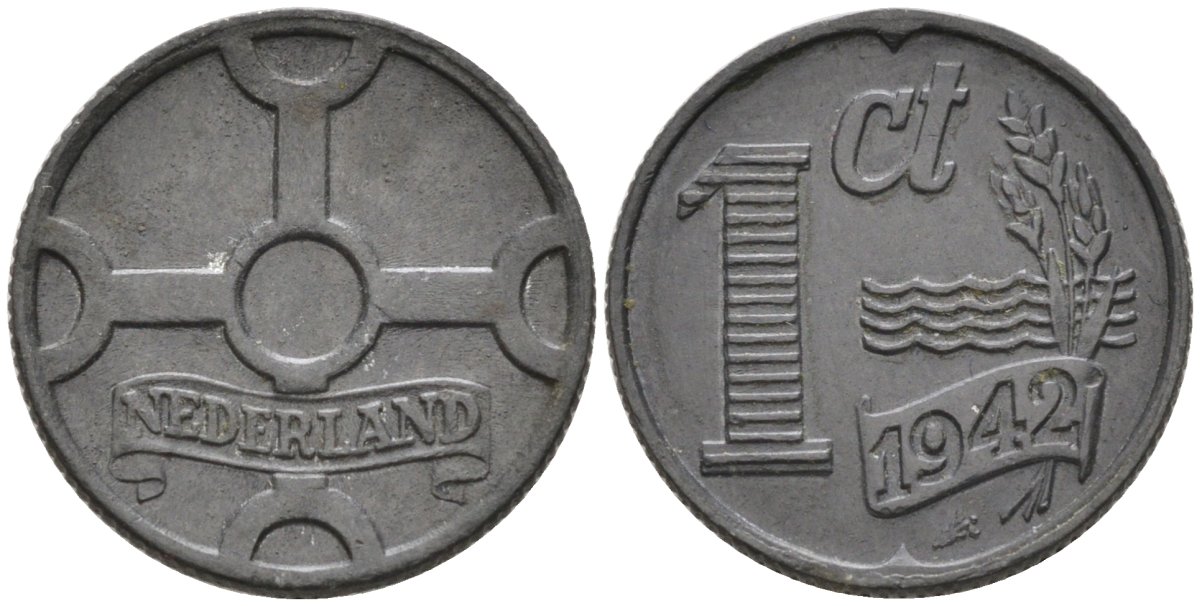 Нидерланды 1 цент 1942 Вильгельмина (1890-1948) KM 170 цинк 4576-744