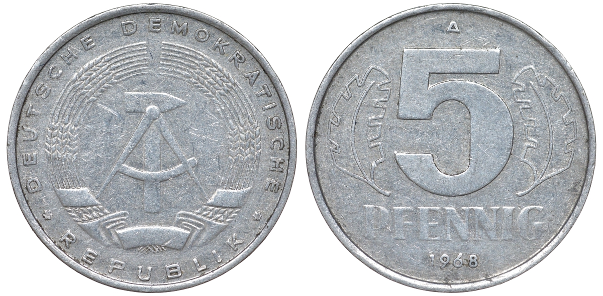 ГДР 5 ПФЕННИГОВ 1968 A KM 9.1 алюминий 62-225