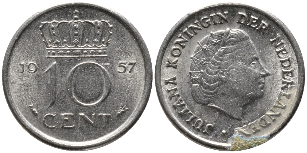 Нидерланды 10 центов 1957 Юлиана (1948-1980) KM 182 никель 4609-753