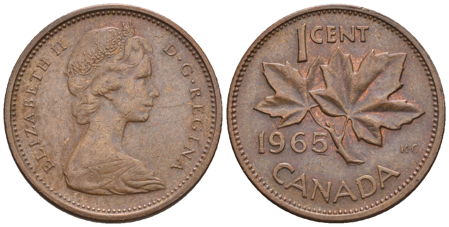 Канада 1 цент 1965 Елизавета II (1952-2022), кленовый лист KM 59.1 бронза 4609-127