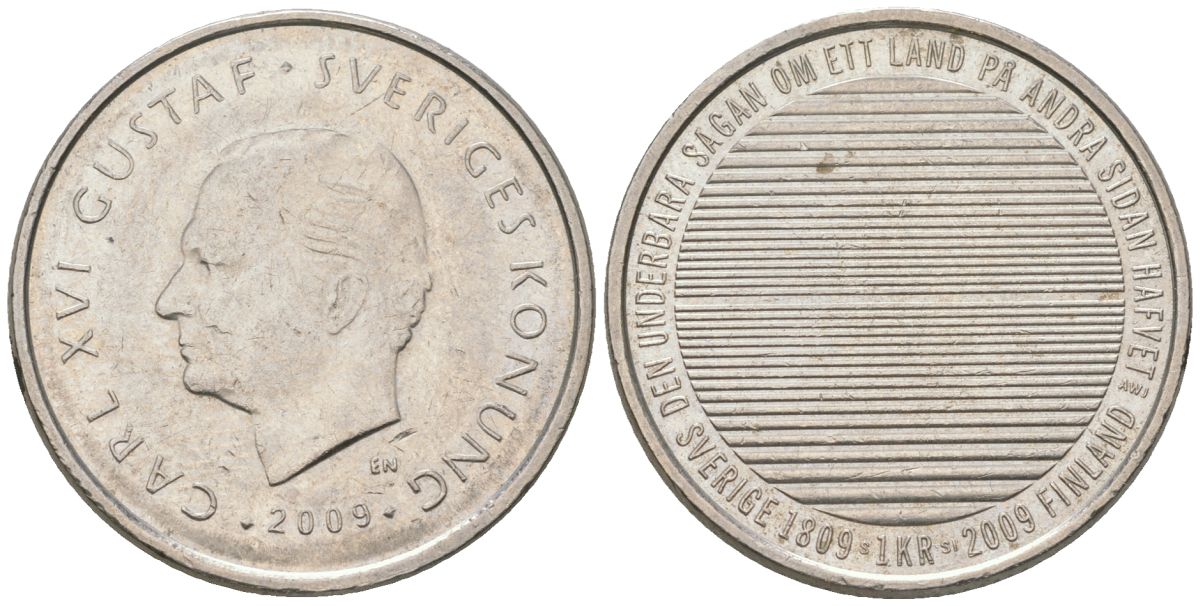 Швеция 1 крона 2009 SI, 200 лет разделению Финляндии и Швеции, Карл XVI Густав (1973-) KM 916 медно-никель 4561-435