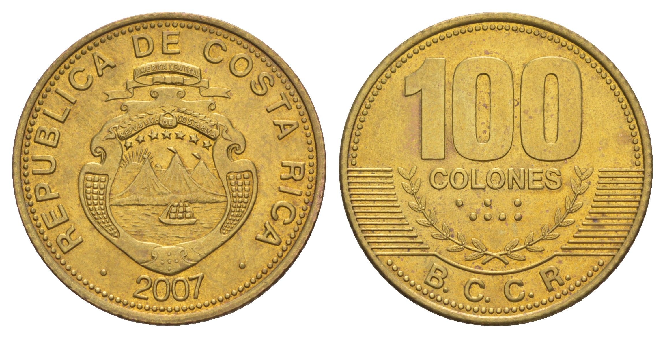 Коста-Рика 100 колонов 2007 KM 240a сталь плакированная латунью UNC 4642-954