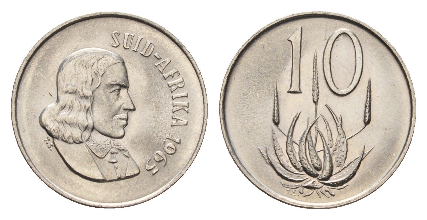 ЮАР 10 центов 1965 Ян ван Рибек (1619-1677), Suid Africa, легенда на африкаанс, цветок алоэ KM 68.2 никель UNC 4685-769