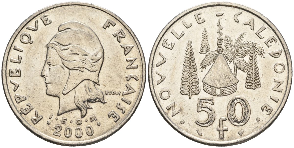 Французская Новая Каледония 50 франков 2000 хижина среди сосен и пальм, (IEOM) KM 13, Schoen 15, Lec 121 никель 4123-821