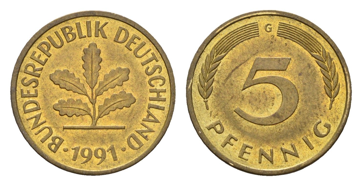ФРГ 5 пфеннигов 1991 G KM 107, J. 382 сталь плакированная латунью 206-259