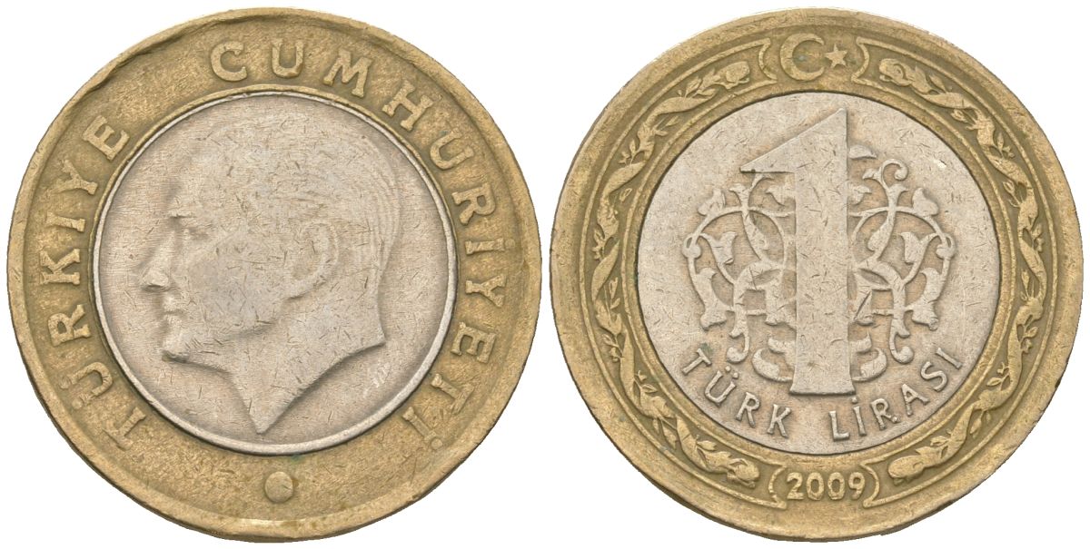 Турция 1 лира 2009 Кемаль Ататюрк KM 1244 биметалл  4610-1147