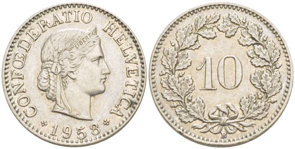 Швейцария 10 раппенов 1958 B KM 27 медно-никель     216-1253