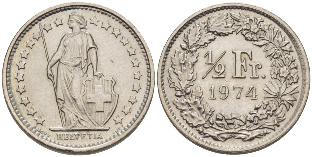 Швейцария 1/2 франка 1974 KM 23а.1 медно-никель 66-422