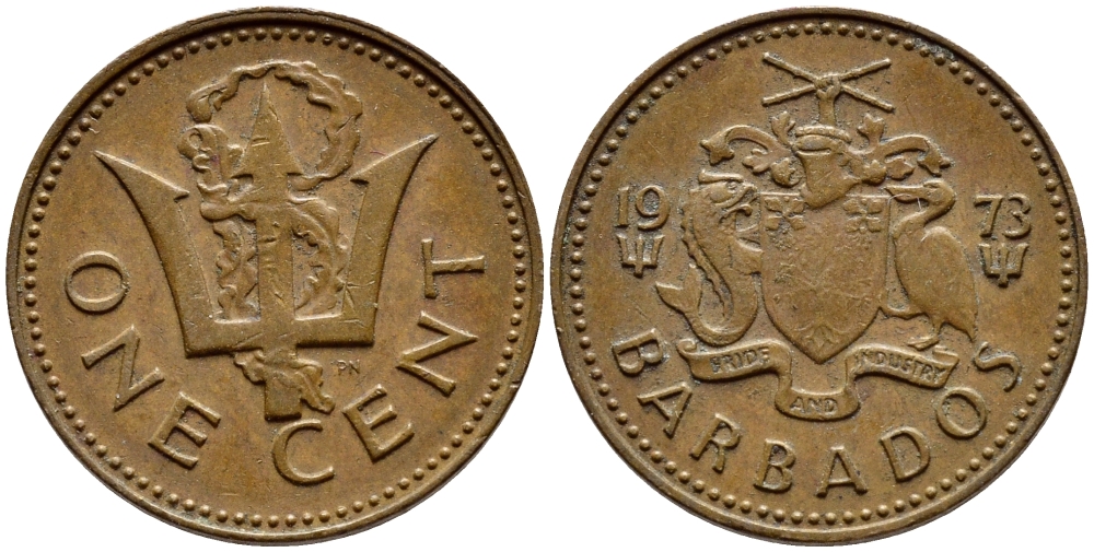 Барбадос 1 цент 1973 сломанный трезубец Британии KM 10 бронза 4396-1242