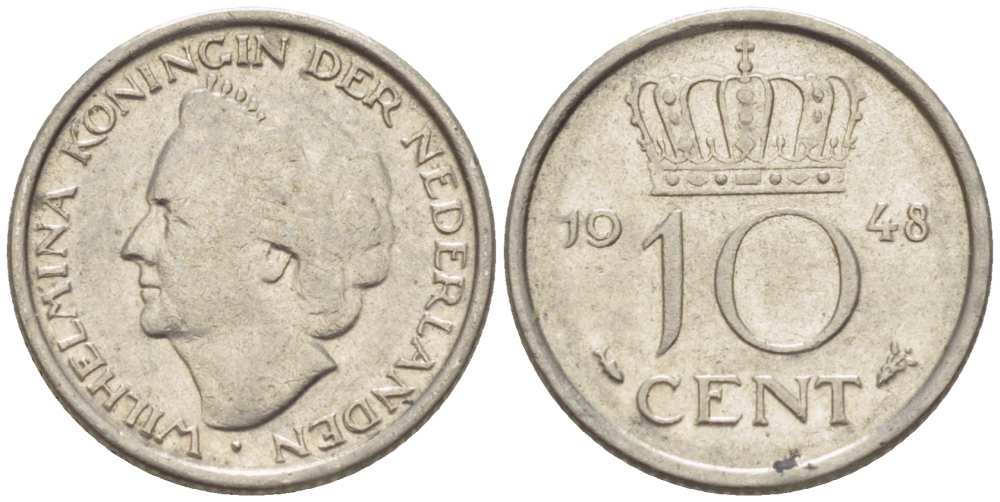 Нидерланды 10 центов 1948 Вильгельмина (1895-1948) KM 177 никель 3309-351