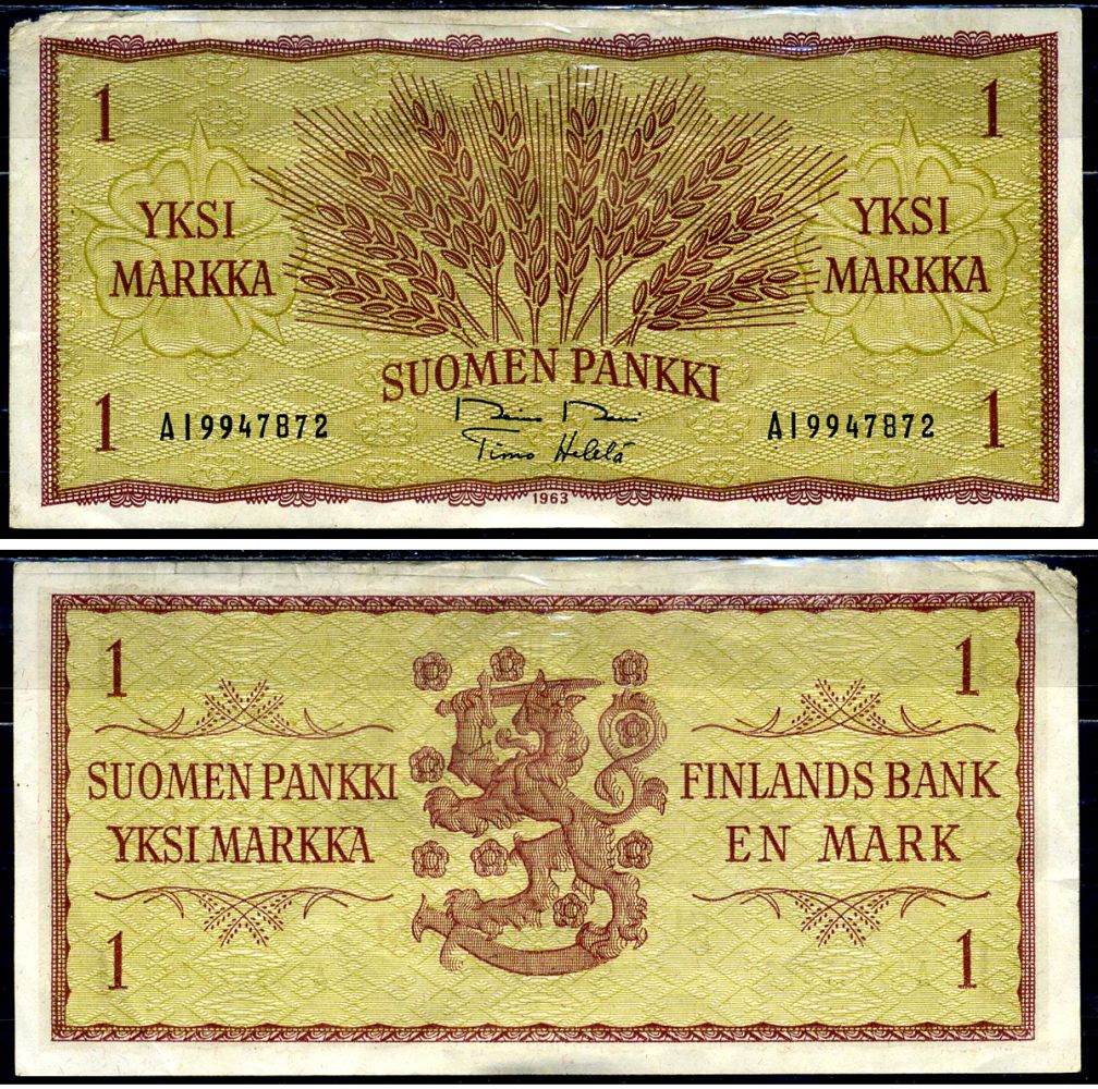 Финляндия 1 марка 1963 Pick 98a (31) бумага 3295-30-2-2